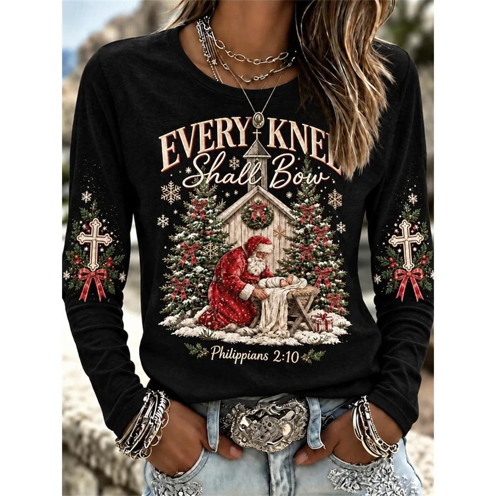 Women’s Autumn Long-Sleeve Christmas T-Shirt Crew-Neck Pullover with Holiday Letter Print Loose Fit Casual Street-Style Top