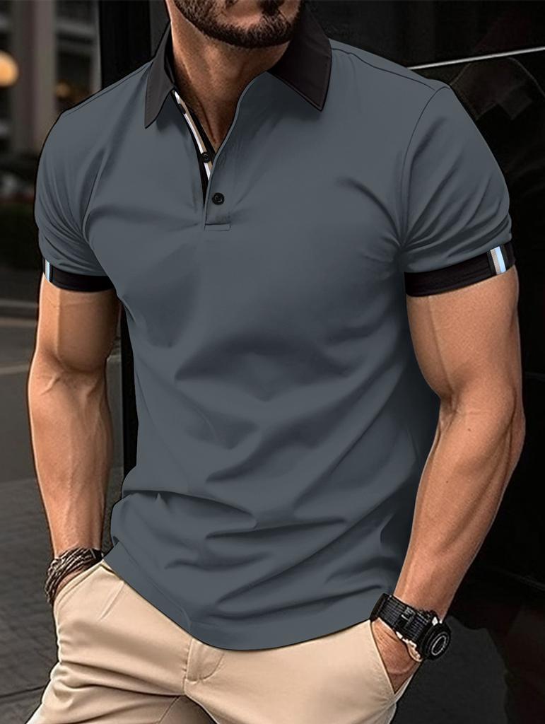 Men's Spring Summer Button Polo Shirt Short Sleeve Color Block T-shirt Fashion Casual Turn-Down Collar Top