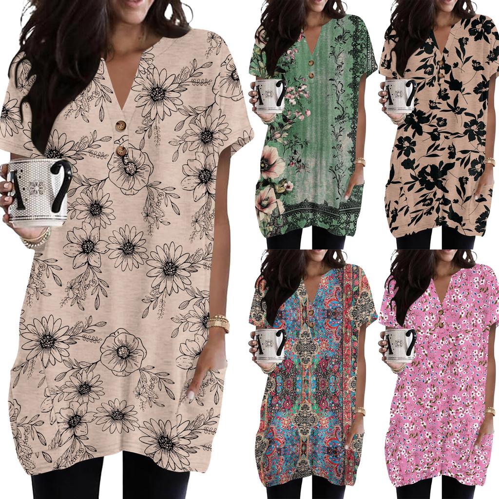 Women’s V Neck Vintage Floral Print Short Sleeve Pullover Top with Pockets Loose Fit Comfortable Design