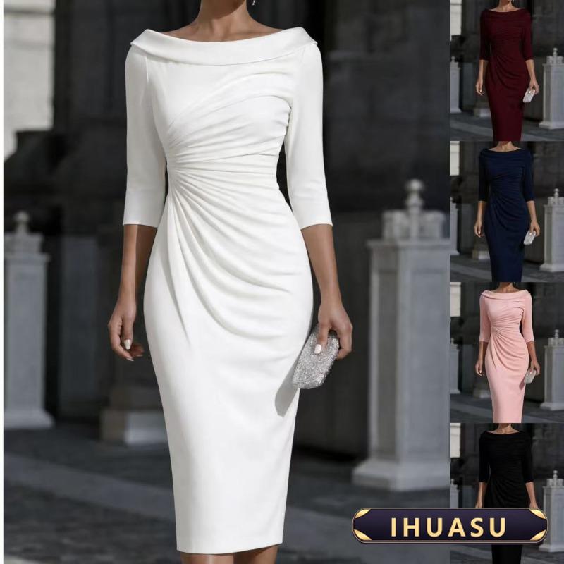IHUASU Women's Fashion Summer Spring One-shoulder 3/4 Sleeves Solid Color Print Casual Dresses Elegant