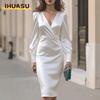 IHUASU Fashion Summer Spring Solid Color Print Long Sleeve V-Neck  Casual Dresses