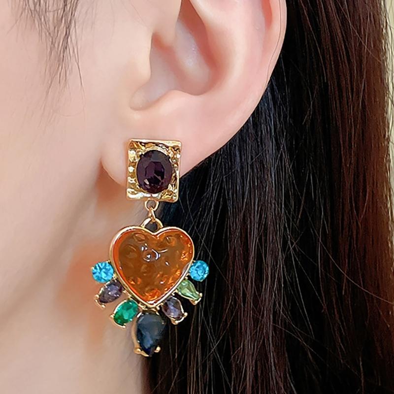 Heart Dangle Drop Earrings for Women 18k Gold Plated with Multicolor Crystal Rhinestones and Amethyst Cubic Zirconia