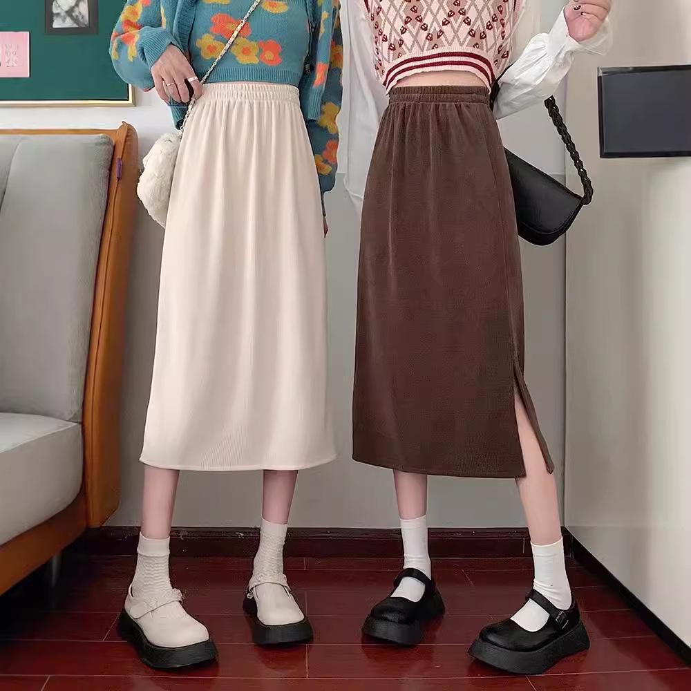 2024 Autumn/Winter Women's High-Waist Slimming Corduroy Midi A-Line Skirt - Korean Style