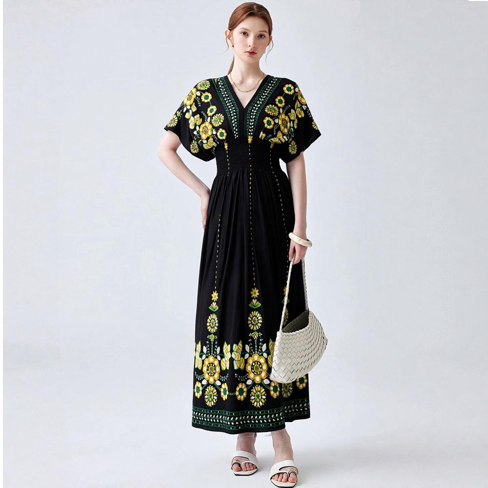 Bohemian-Style Cotton-Silk V-Neck Batwing Print Dress Summer Casual Vacation Beach Dress