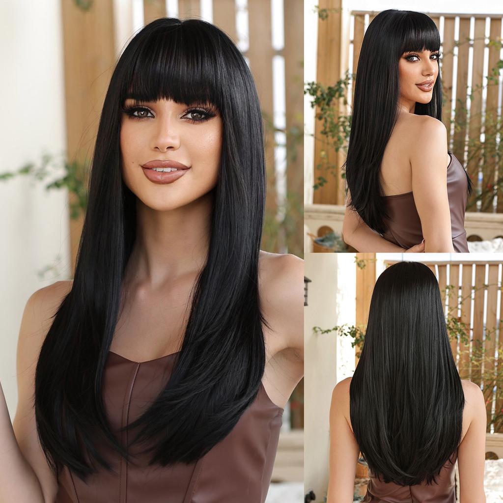 European and American Style Women Long Straight Wig with Blunt Bangs Front Lace Heat Resistant Synthetic Fiber Ombre Gray Wigs