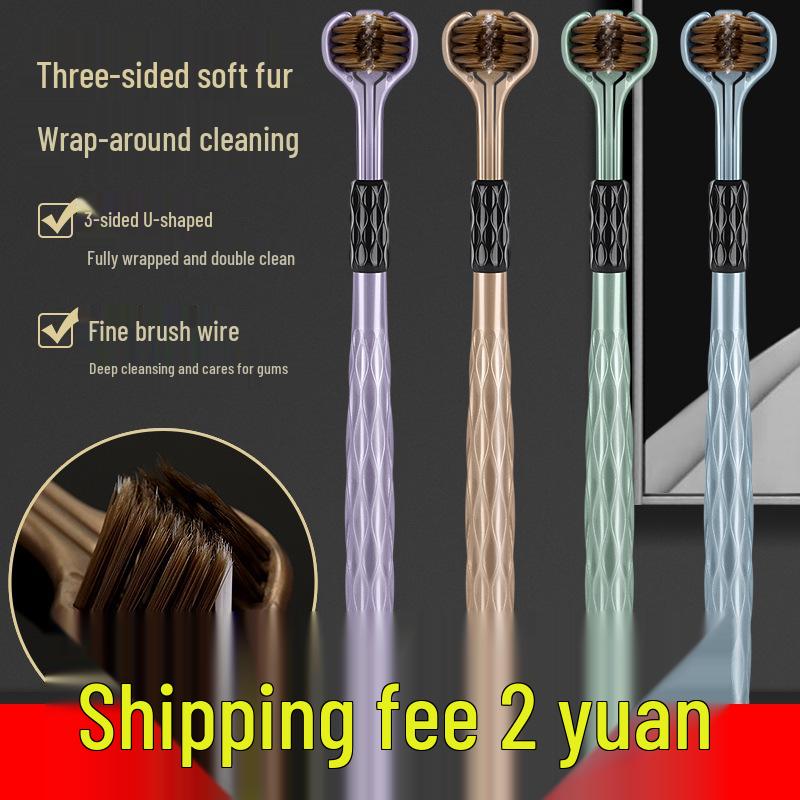 360 Triple-Head Toothbrush: Soft Bristles, 3D Design for Adults, Tongue Cleaner, Family Pack, Effective Dead Corner Cleaning.
