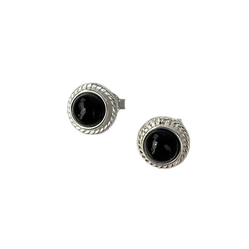 Su Chuang S925 Sterling Silver Black Agate Stud Earrings - Elegant French Style for Women