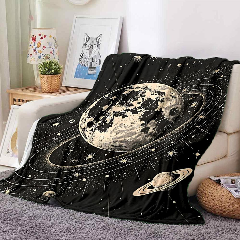 1pc Moon Saturn Print Blanket   Lightweight Flannel Throw Blanket For Sofa, Bed, Living Room, Office, Outdoor Travel, Camping