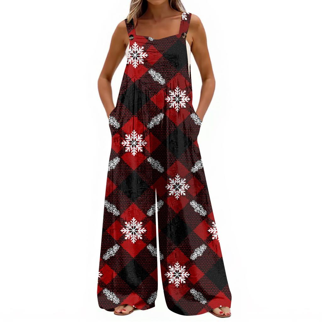 Women's Christmas Print Solid Wide Leg Strapless Tank Pocket Casual Onesie