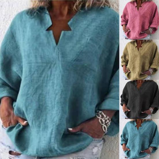 

Женская блузка, однотонный топ с V-образным вырезом и длинными рукавами