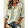 Summer Women's Ladies Bell Sleeve Shirts Ethnic Floral Print Neck Tie Drawstring Detail Women's Tops