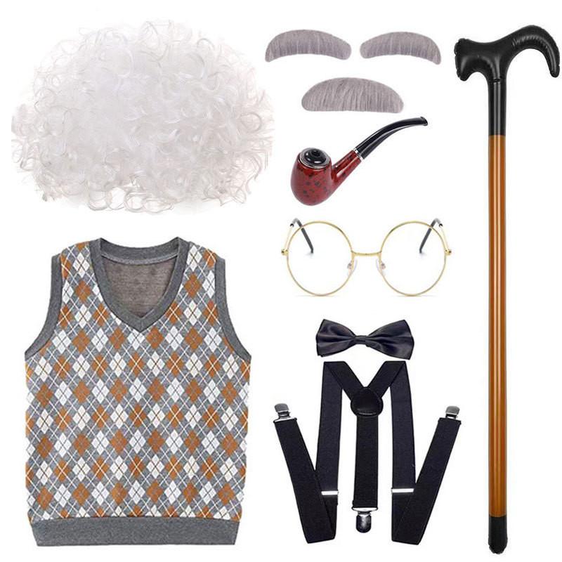 Classic Grandfather Costume Wig Set Featuring Short Soft Curly Hair And Stylish Vest For Kids