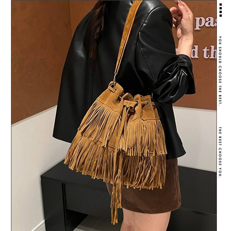 Pu Material Fringe Water Bucket Shoulder Bag With Zipper Pocket For Women