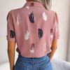 Women Summer Short Sleeve Lapel Feather Printed Casual Office Shirt Blouse Top