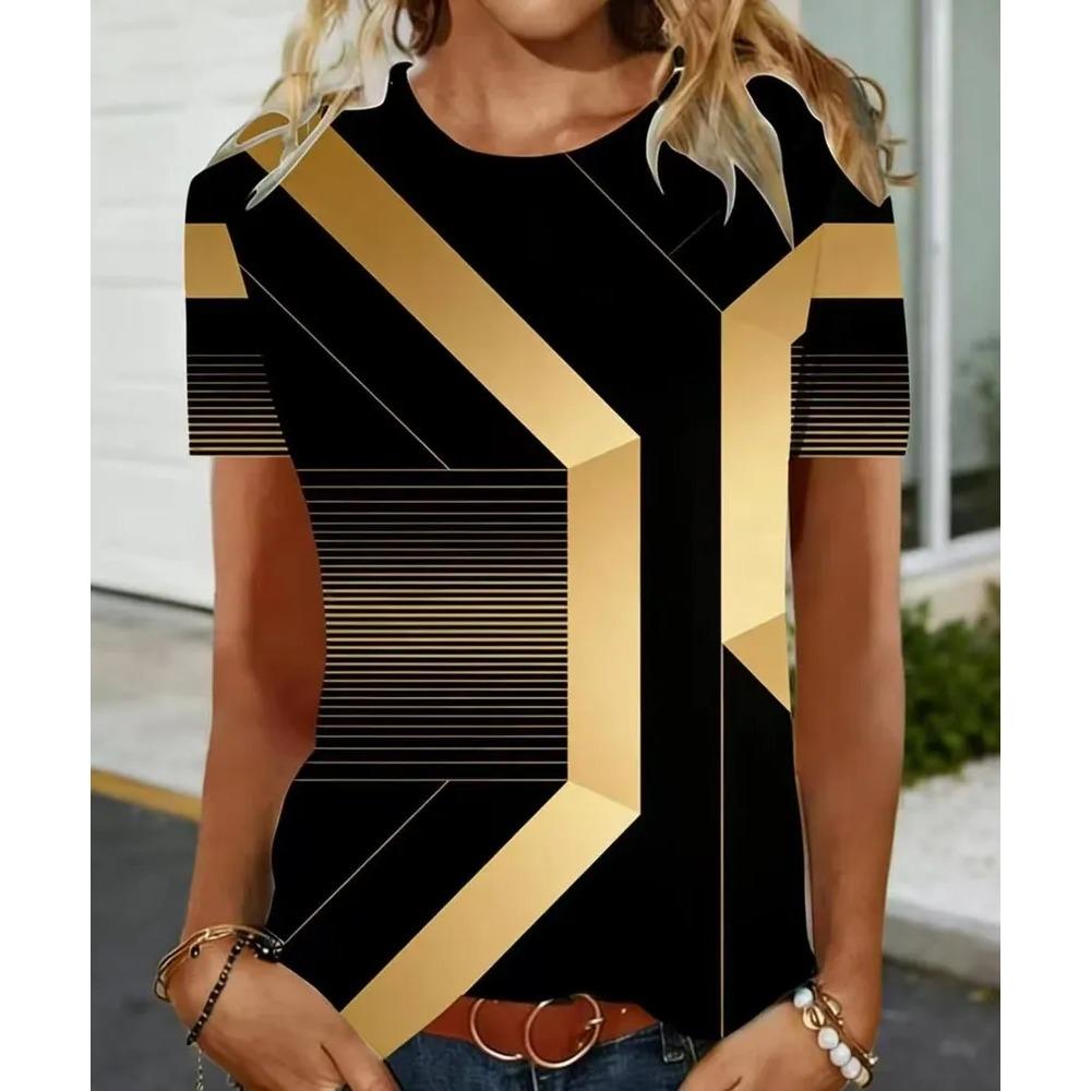 Fashionable Casual Round Neck Short Sleeved T-shirt Soft Comfortable Vintage Loose Colorful Creative Grid Stripes 3d Printed Women's T-shirt