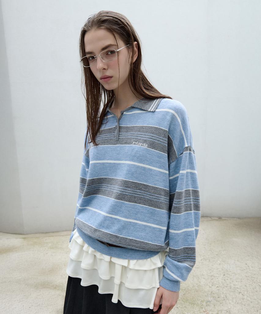 ROLAROLA Alpaca Stripe Collar Knit Blue