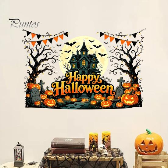 Easy Apply Halloween Decals Happy Wall Stickers, Moonlit Castle Pumpkin Clings, Waterproof Retro Stickers Haunted House for Home Living Room