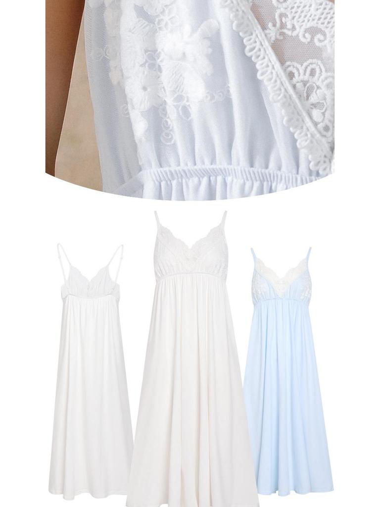 Cotton Lace Princess Camisole Nightgown - Women's Summer Long Dress with Embroidery and Chest Pad, Wearable Outside