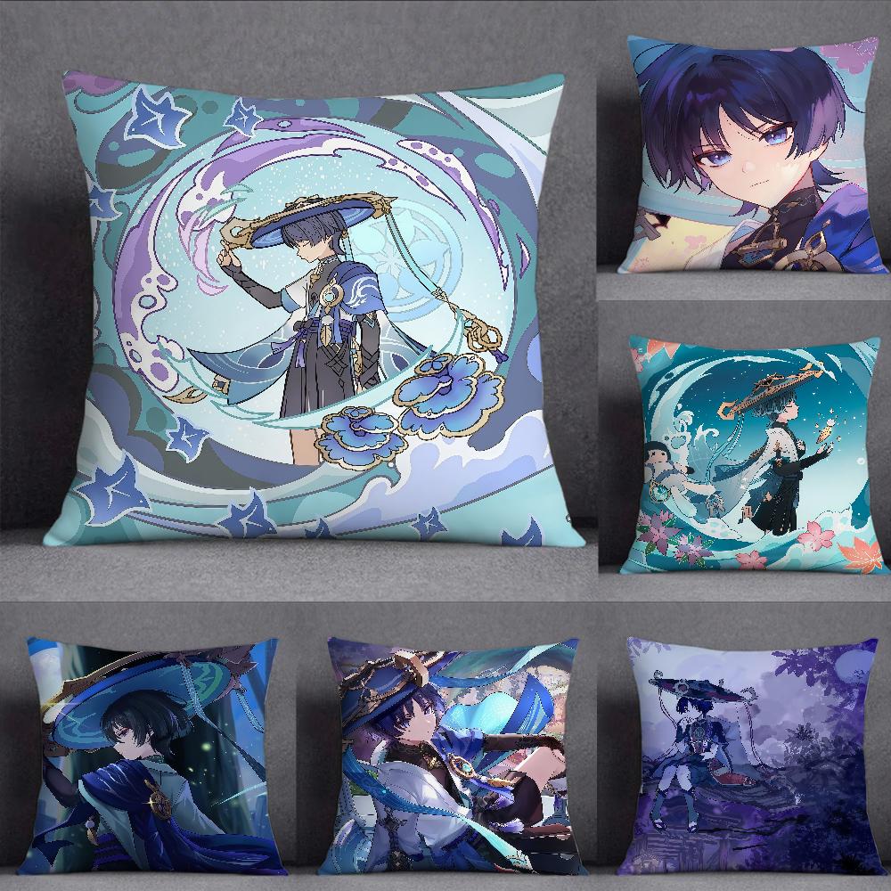 Genshin Impact Scaramouche Pillow Case Square DoubleSided Printing Sofa Cushion Cover Pillowcase Bedroom Bedside