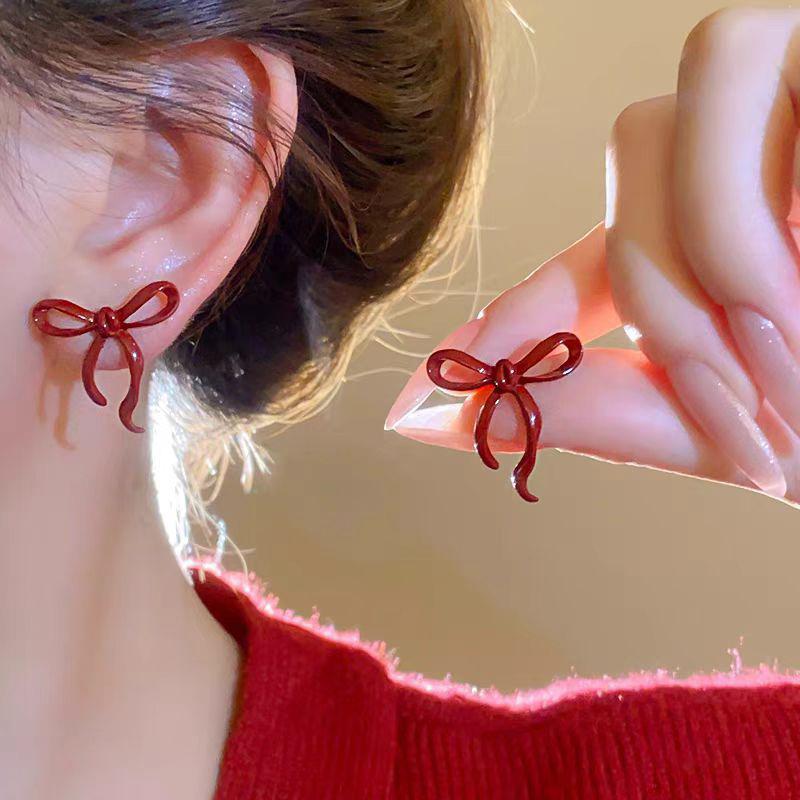 Retro Style Red Bowknot Stud Earrings for Women Girls Simple Earings Piercing Ballet Ribbon Aesthetics Elegant Ear Zircon Gifts
