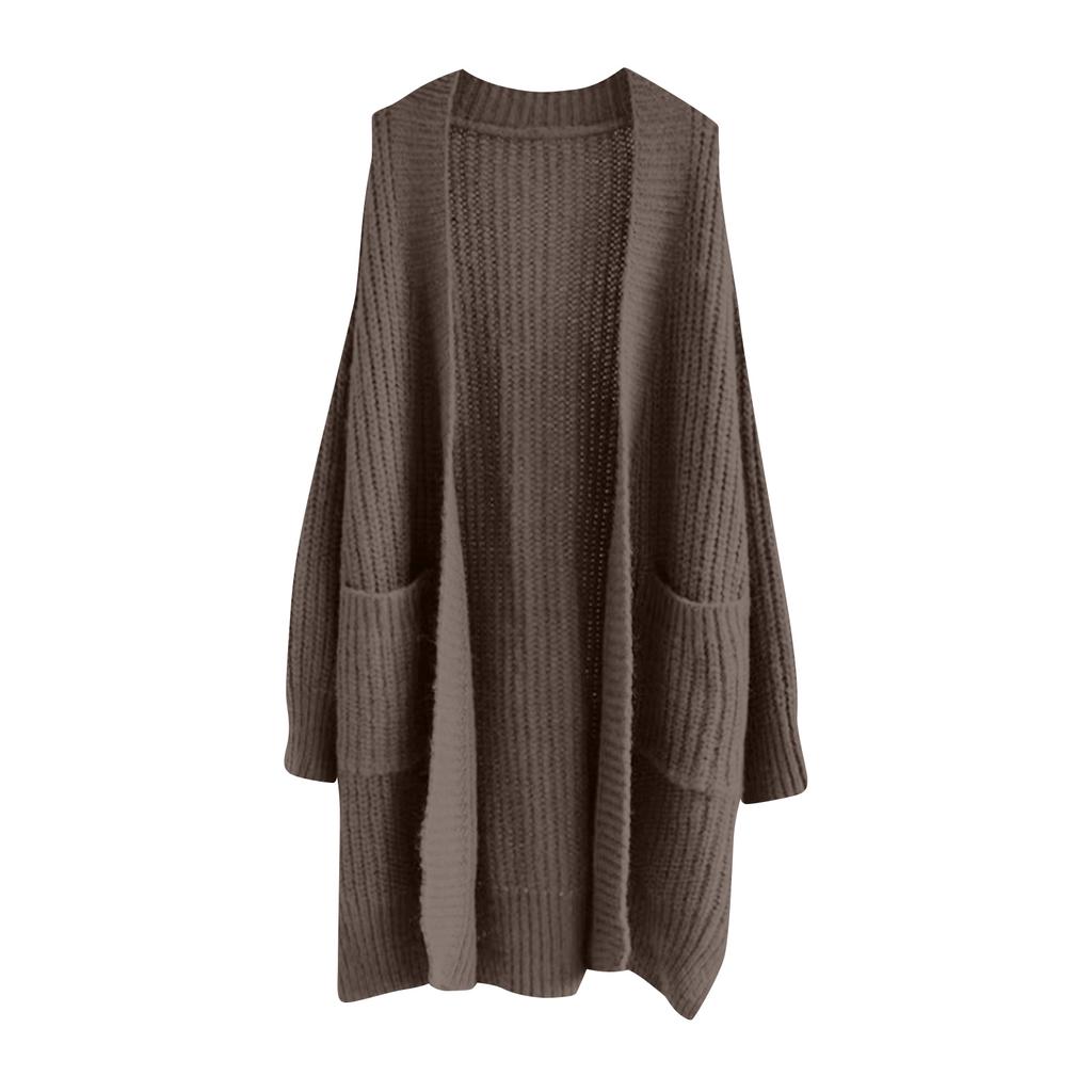 Women's Solid Color Long Sleeved Knee Length Knitted Cardigan, Lazy Trend, Medium Long Hair Jacket