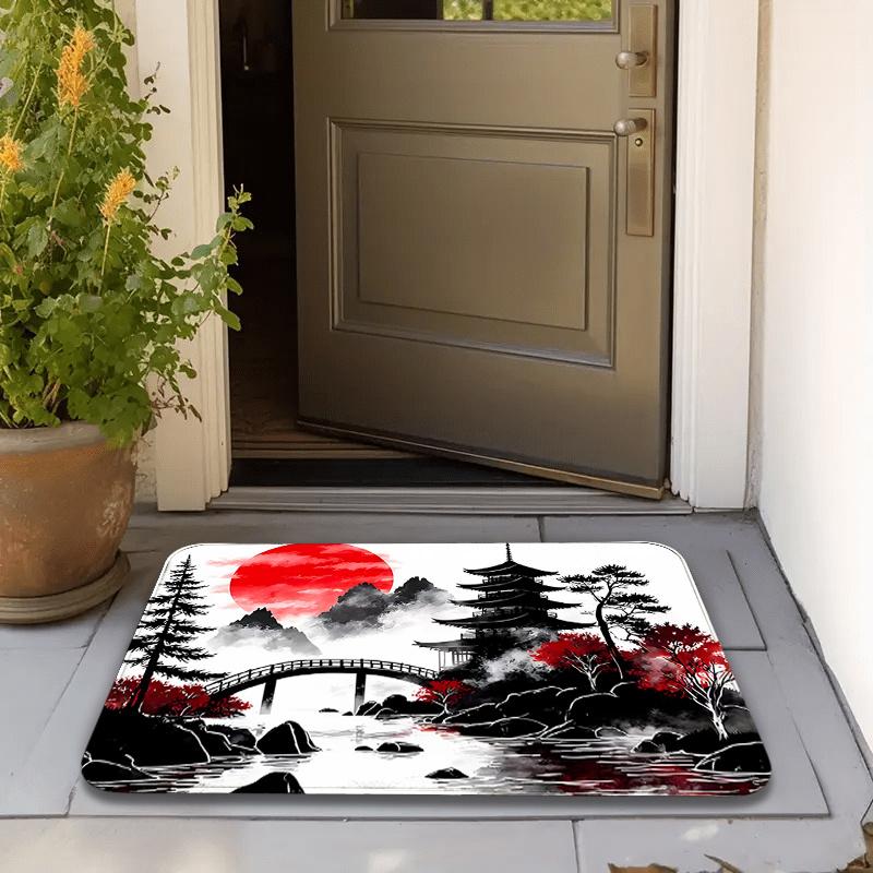 Japanese Ink Painting Doormat Red Sun Pagoda Bridge Mountain Print Non‑Slip Washable Entrance Mat Home Decor Floor Rug
