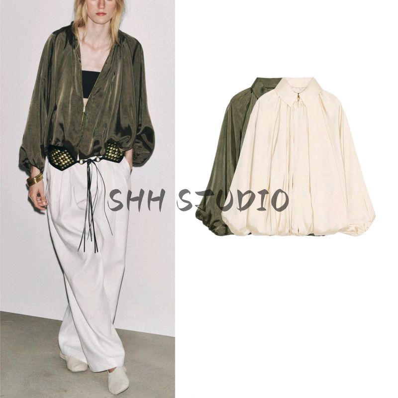 Summer Women's Clothing Casual Style Lapel Long Sleeves Ruched Hem Puffy Pilot Jacket Outwear 2814404