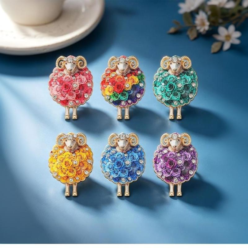 Cute Sheep Rhinestone Inlaid Brooch Colorful Rose Decoration Anti-fade Alloy Brooch for Women Party Prom Outfit Accessories