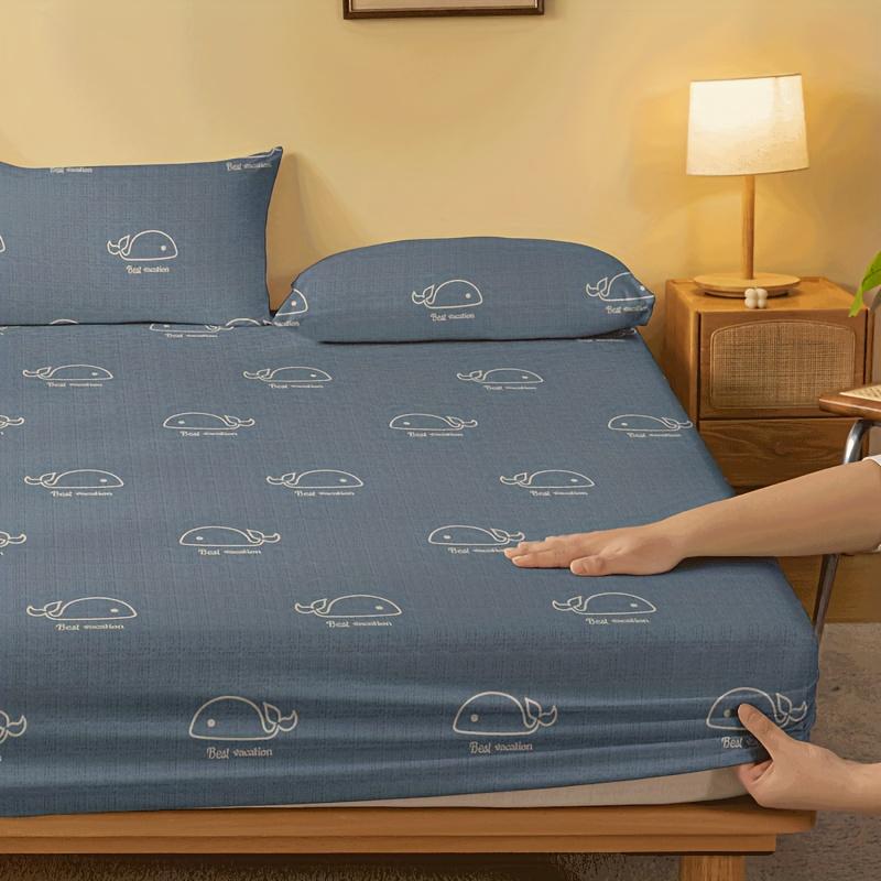 1 Simple Modern Animal Whales Printed Matte Fitted Sheet, Bedroom Printed Bed Cover, Bedding (Excluding Pillowcases)