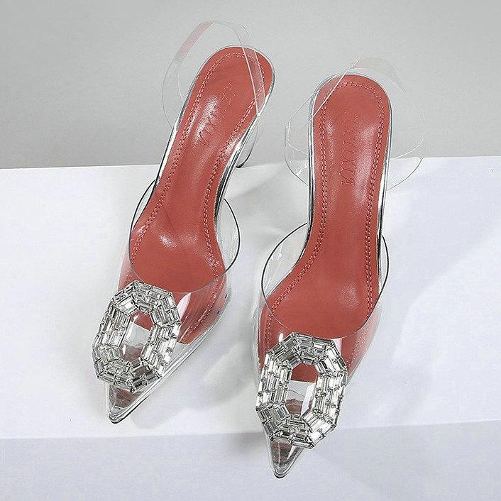 

Весна и лето 2025 Новые остроносые туфли на высоком каблуке с прозрачными стразами и шелковыми кристальными сандалиями Женские туфли-лодочки 42 чистый