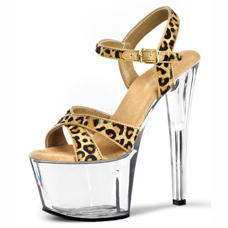Wild leopard print crystal heel 15cm high heels hate sky high stiletto waterproof table hollow cross with sandals