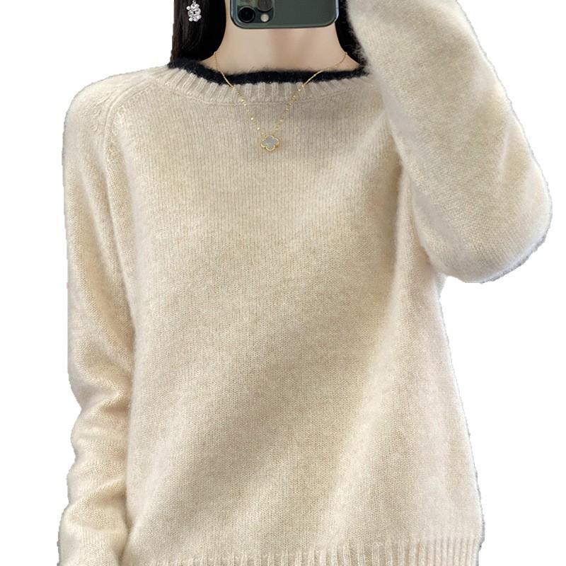 Damen Colorblock Rundhals Schlankmachender Wollstrick Pullover & Basisschicht