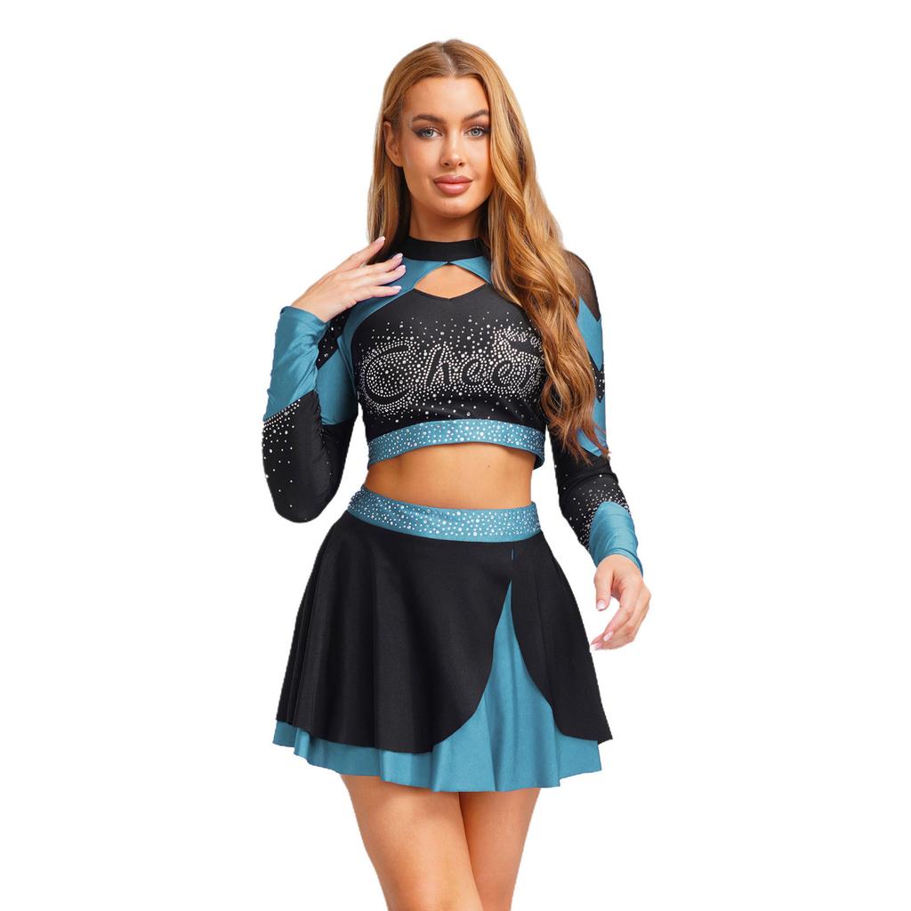 Womens Cheerleading Outfit Two Piece Long Sleeve Hollow Out Crop Top Skater Skirt Sparkle Rhinestone Apparel
