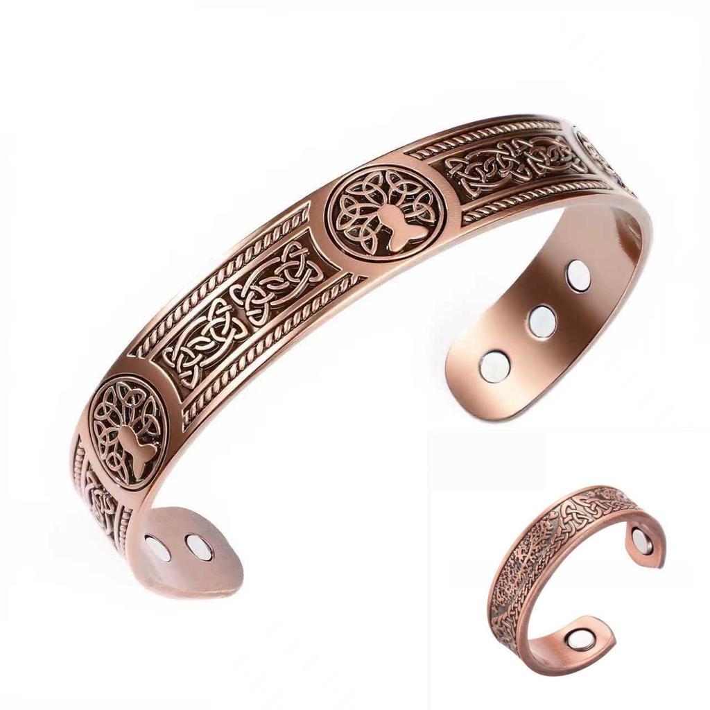 Retro Style Flower Magnet Bracelet & Ring Set In Red Copper for Couples