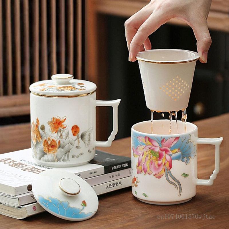 Hand-painted Landscape Pattern Series Tea Water Separating Ceramic Office Goat Fat Jade Porcelain Belt Cover Filter Mug, Tea Cup
