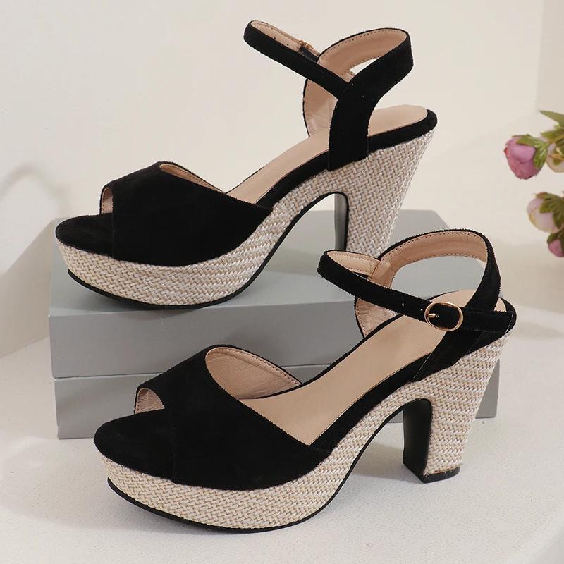 Fashion Summer Flock High Heel Sandals Women 2025 New Peep Toe Thick Bottom Sandal Woman Office Ladies Buckle Strap Solid Sandals Mujer