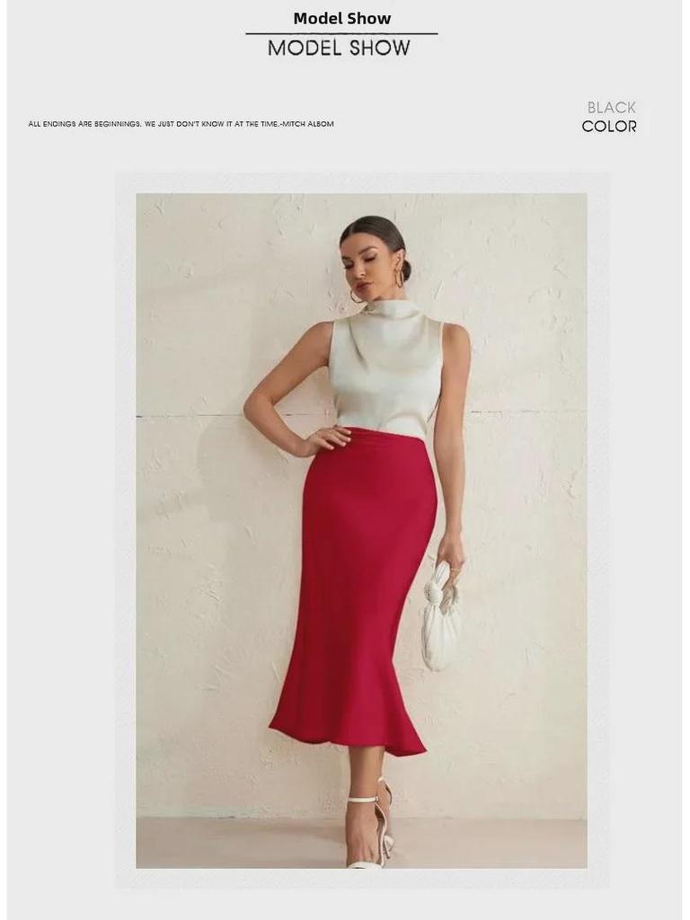 2025 Spring Women's Satin Slim Fishtail Skirt - Solid Color Medium Length