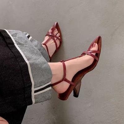 2024 New Women's High-heeled Sandals Summer High-heeled Shoes Luxury Cowhide Strap Slingback Feminine Wedding Sandals