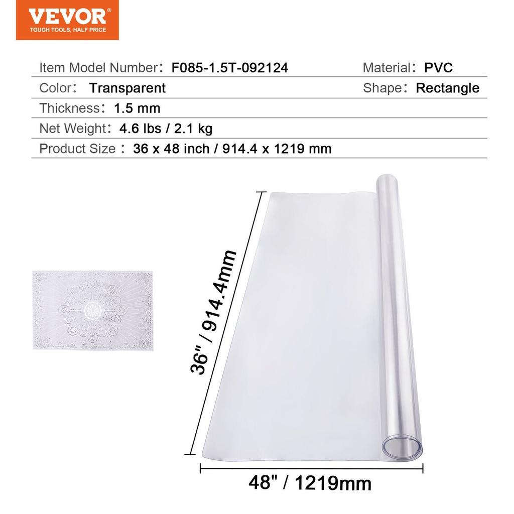 PVC Table Protector 36x48 Inch Clear Plastic Desk Protector 1.5mm Thick