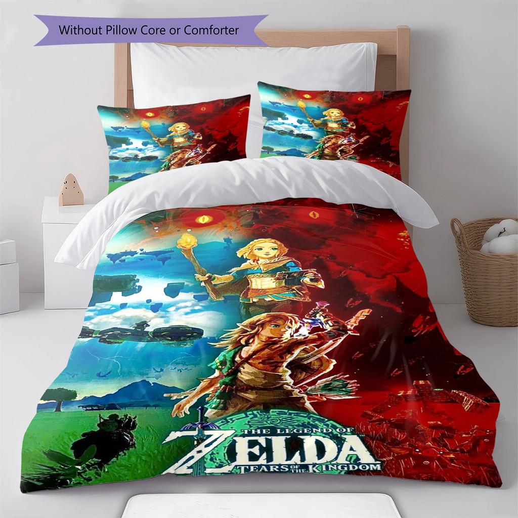 Link Zelda Vzor Ložní povlečení Sada prošívaných dek a povlaků na polštáře Domácí dekorace Dárek (1 * povlak na peřinu + 2 * povlak na polštář, bez jádra)