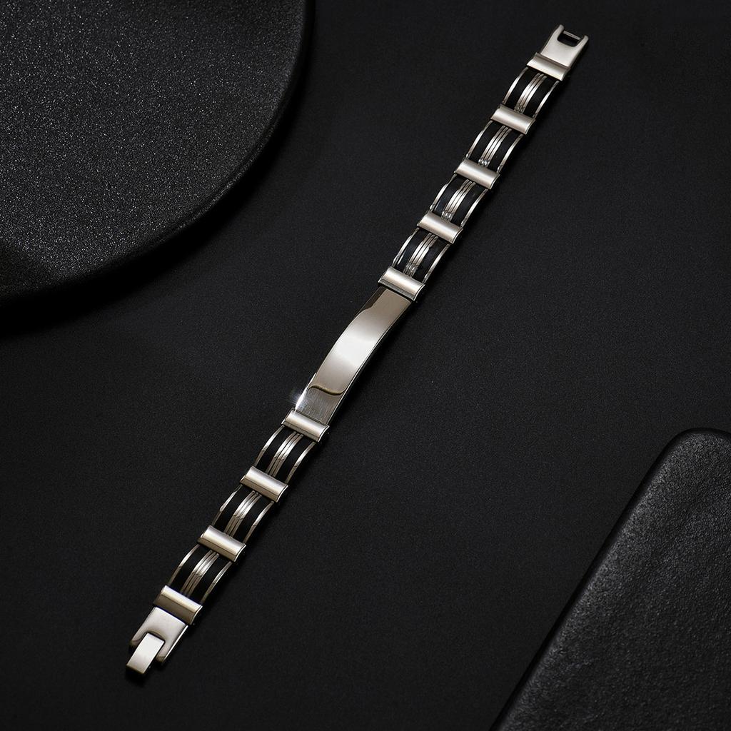 Stainless Steel Black Pattern Splicing Bracelet With Smooth Surface Men's Trendy Accessories Simple Color Blocking Design Niche Personality Versatile