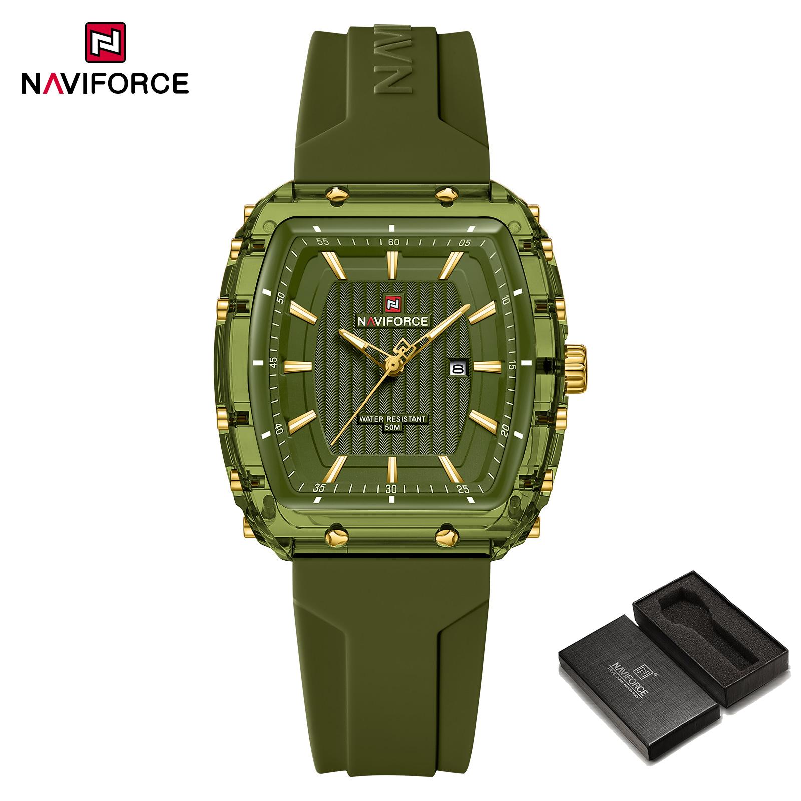 

Naviforce Оригинальные женские простые кварцевые часы Дышащий силиконовый ремешок Водонепроницаемость 50 м Календарь Легкие женские повседневные модные часы NF7124 зелёный