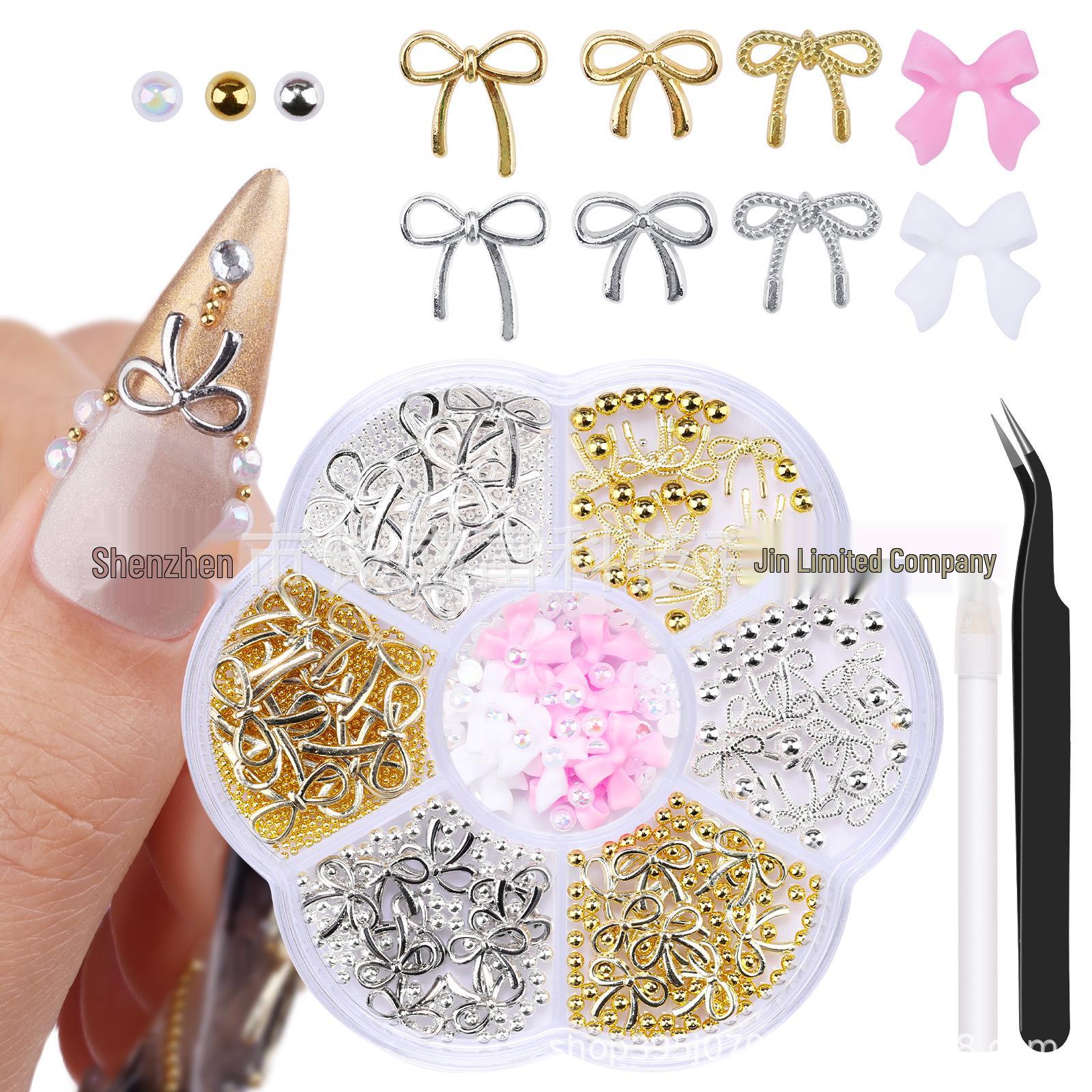 

7-Grid Mixed Nail Art Kit: Rhinestones, Metal Bows, and Resin Pearls