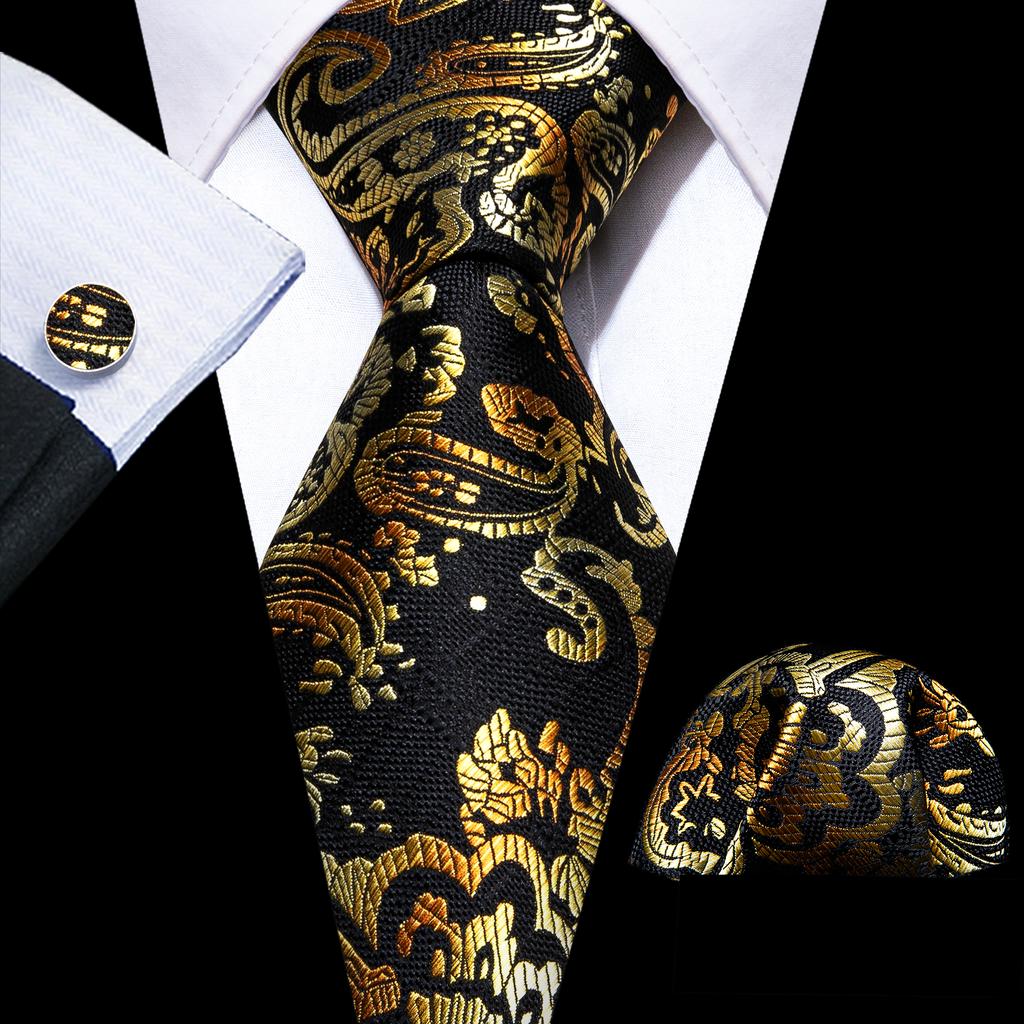 Barry.Wang Floral Ties for Men Woven Paisley Wedding Necktie Handkerchief Cufflinks Formal Casual Set
