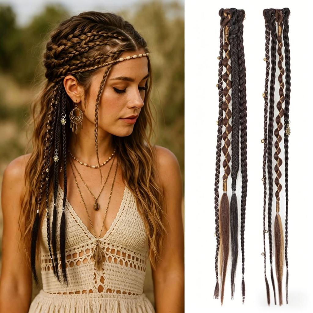 16 Inch Bohemian Long Braided Hair Clip In Extensions Synthetic Handmade Braided Hairpieces for Styling and Hair Decoration