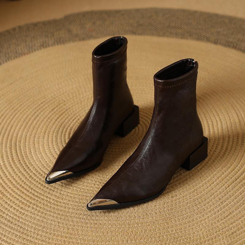 

Vintage Thick Heels Women Fur Lining Ankle Boots Autumn Winter Metal Pointed Toe Stripper Party Short Booties Zapatos De Mujer 35 коричневий