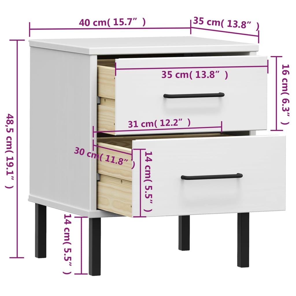 Nightstand OSLO with Metal Legs White Solid Pine Wood