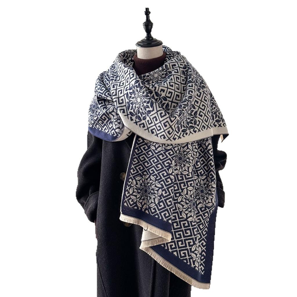 Scarf Women'S Winter High Sense Versatile Imitation Cashmere Scarf Labyrinth Grid Shawl With Dual-Purpose Warm Scarf
