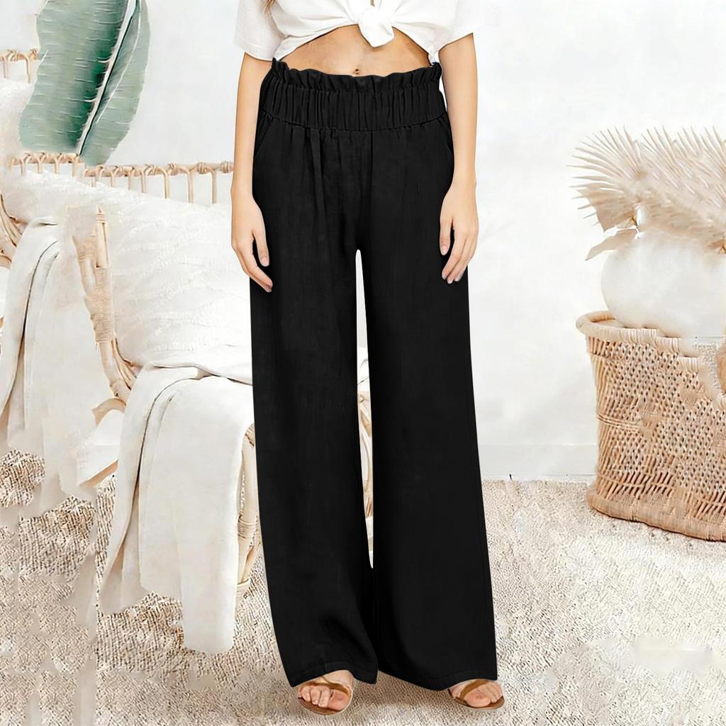 Casual linnen broek met wijde pijpen voor dames, elastische taille, veelzijdige zakelijke casual palazzo broek met zakken.