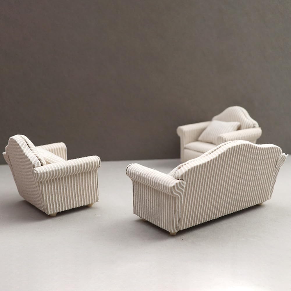 Moin Moin Miniature Furniture 1/12 Scale Sofa Set 3 Pieces White Beige Striped Fabric Dollhouse Accessories